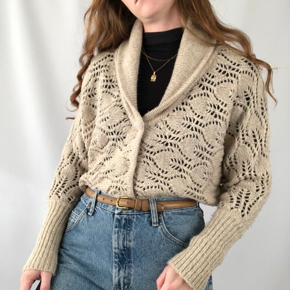 Free People Oversized Wool Open Crochet Cable Knit Cropped Cardigan Sweater Boho - Picture 3 of 9